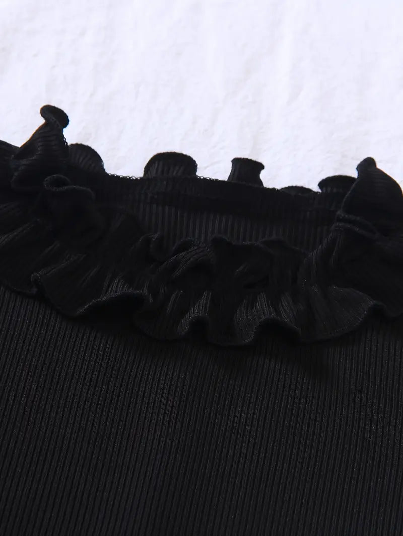 Ruffle Trim Long Top Black