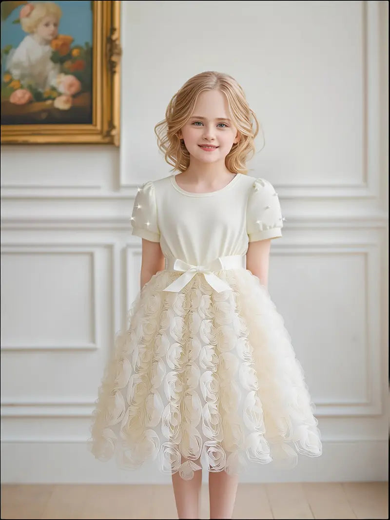 Roses & Pearl Sleeves Dress Beige