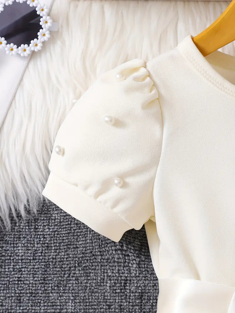Roses & Pearl Sleeves Dress Beige