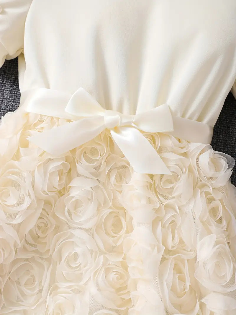 Roses & Pearl Sleeves Dress Beige