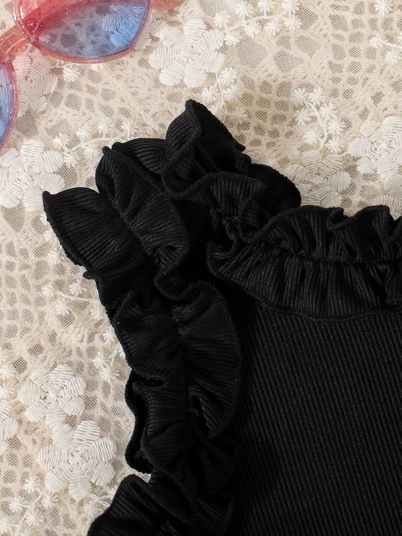 Sleeveless Top with Ruffle Edges Black