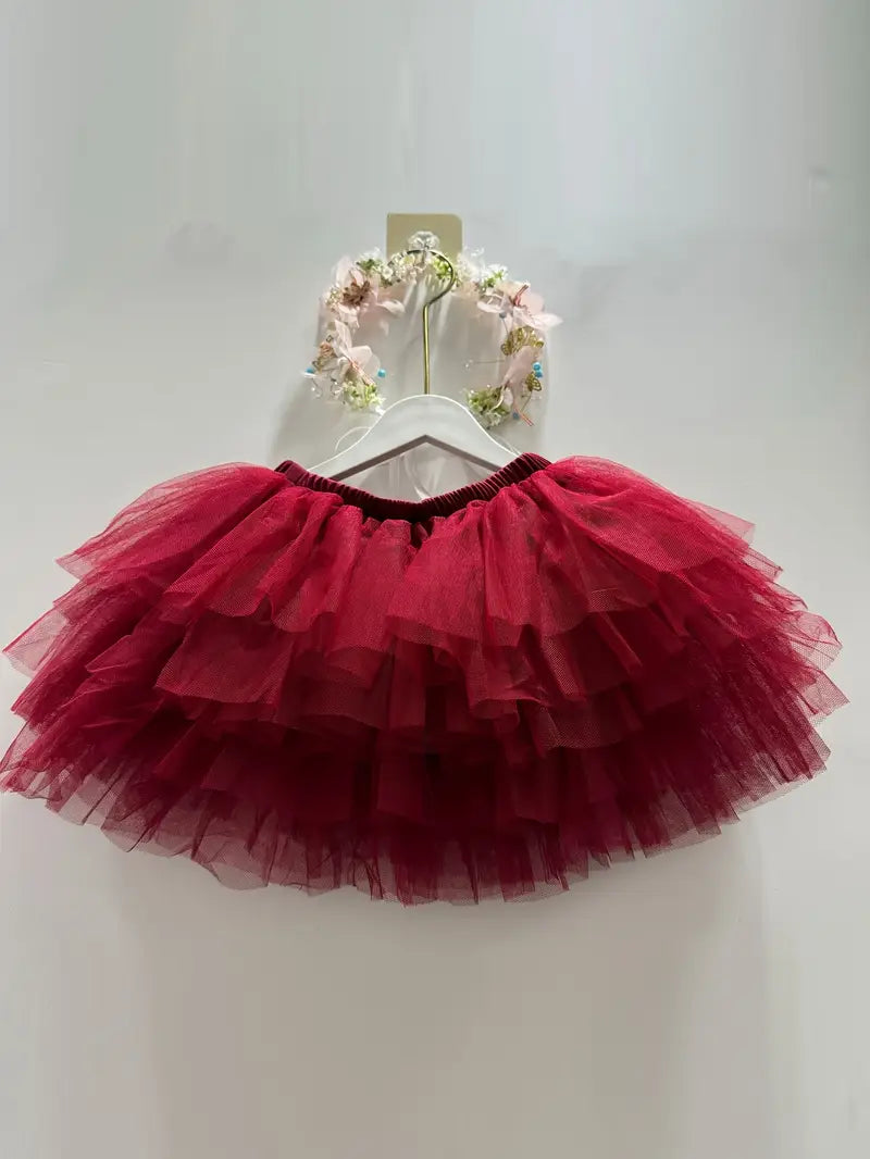 Fluffy Mesh Skirt Burgundy