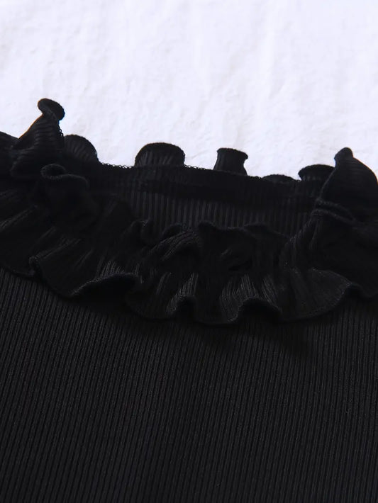 Ruffle Trim Long Top Black