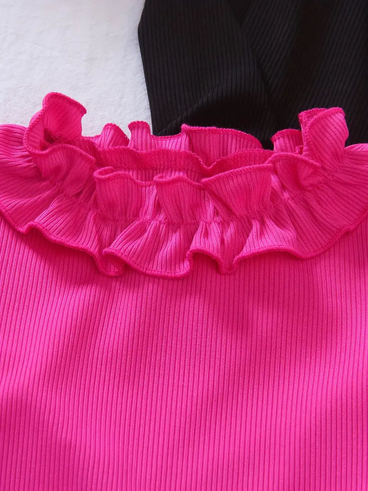Ruffle Trim Long Top Pink