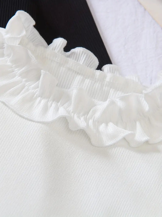 Ruffle Trim Long Top White