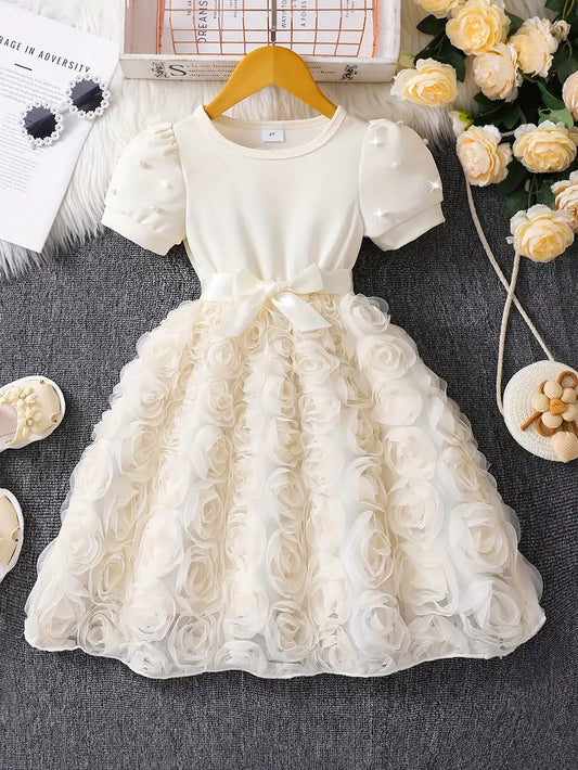 Roses & Pearl Sleeves Dress Beige