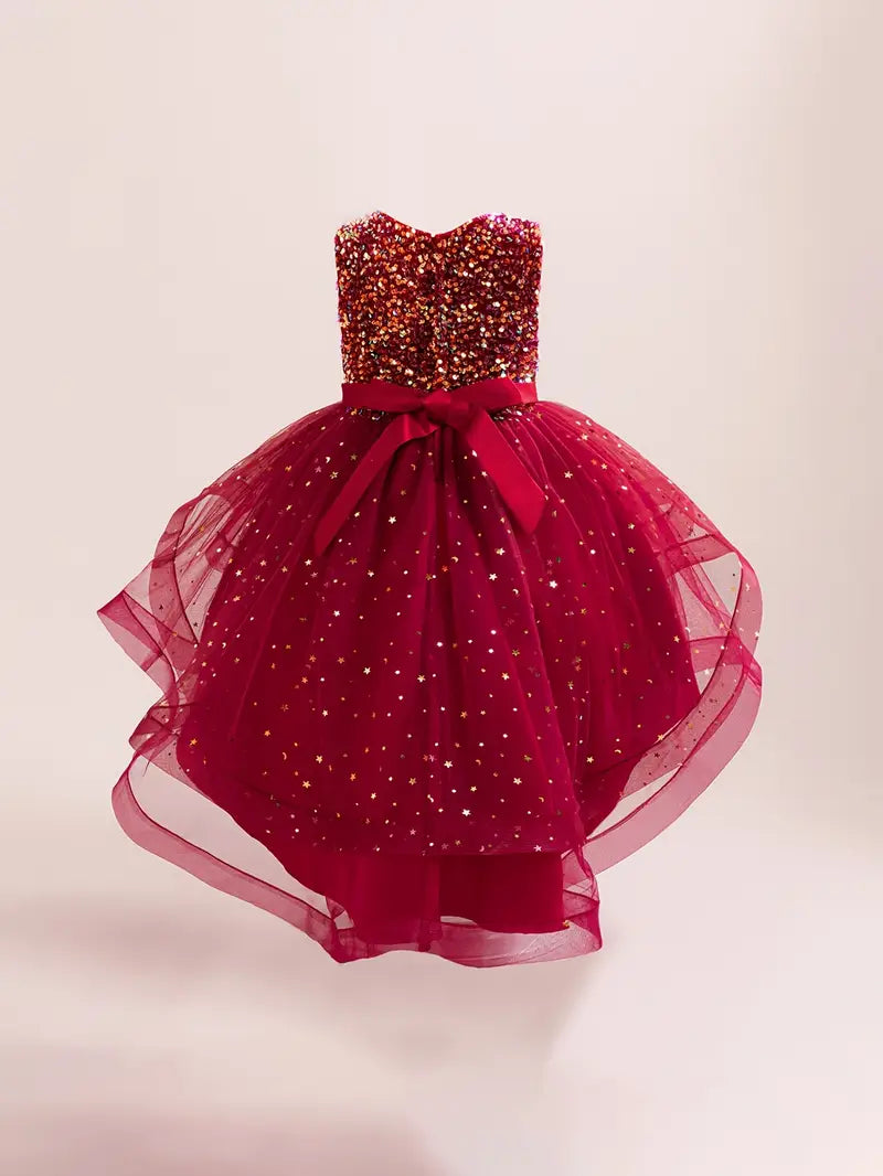 Sparkly Star Sequin Princess Dress Dark Red