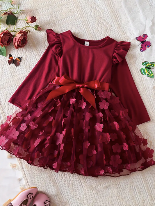 Long Sleeve Flower Dress Burgundy
