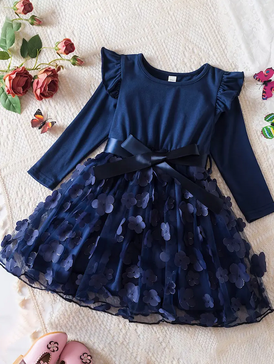 Long Sleeve Flower Dress Navy Blue