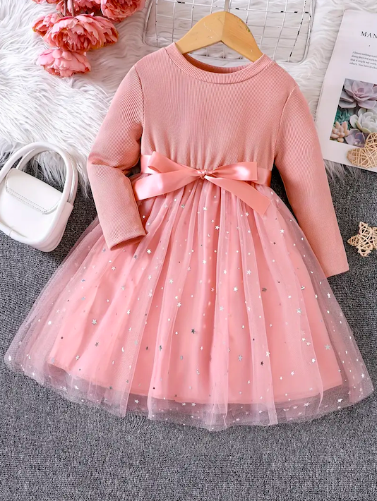 Long Sleeve Sequin Star Dress Pink