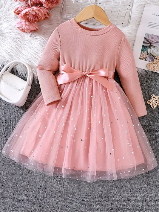Long Sleeve Sequin Star Dress Pink